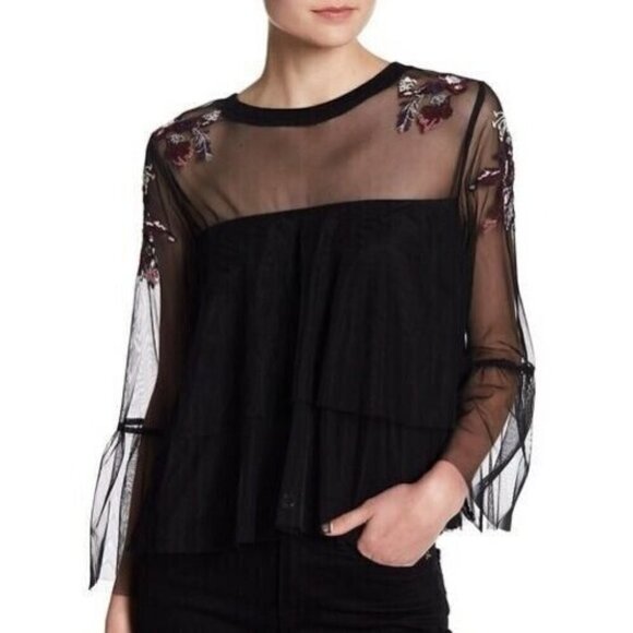 Willow & Clay Tops - Willow & Clay Mesh Floral Embroidered Yoke Blouse Top Black Size Small